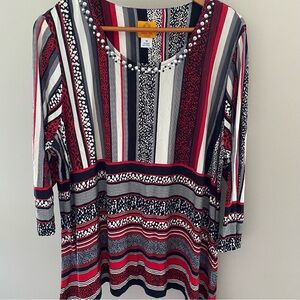 Ruby Rd. Beaded Scoop Neck Striped Tunic - Red, Black, White, Gray